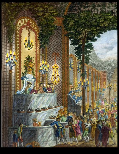 Utsikt över interiören i ett av rummen på Place de Louis le Grand, Utsikt över ingången till salongen (detalj av 101860) (färggravyr) av French School