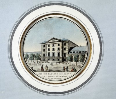 Utsikt över Jeu de Paume av Monsignor greven av Artois - litografi av French School