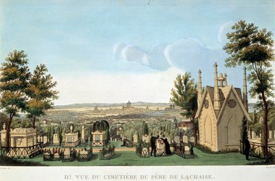 Utsikt över Pere Lachaise-kyrkogården i Paris. Anonym 1800-talslitografi. Privat samling av French School