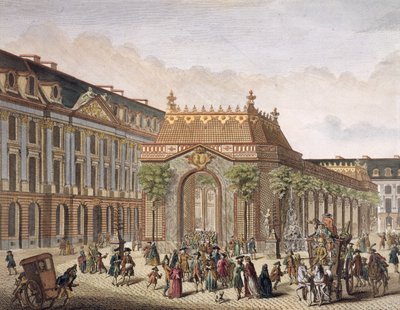 Utsikt över Place de Louis le Grand, med ett av rummen byggt för tillfället av Monseigneur le Dauphins bröllop (detalj av 101866) (färggravyr) av French School