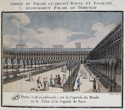 Utsikt över det kungliga palatset (Palais du Tribunat) med trädgård och vandrare av French School