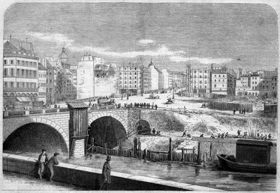 Utsikt över Saint Michel-bron (Saint-Michel), byggd 1857, och Place Saint Michel (Saint-Michel) i Paris av French School