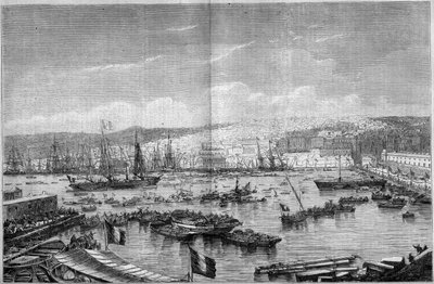 Utsikt över staden och hamnen i Alger (Algeriet), under ankomsten av Napoleon III och imponerande Eugenie de Montijo, 17 september av French School