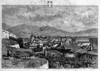 Utsikt över staden Chambery i Savojen. Gravyr från 1880 i "La republique illustree"" privat samling. av French School