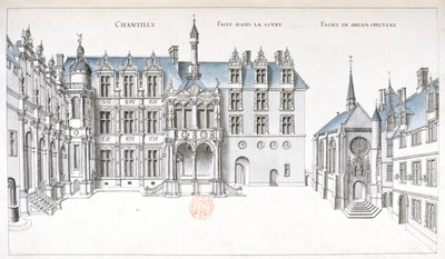 Utsikt över innergården och kapellet i Chantilly (penna, bläck & wc på papper) av French School