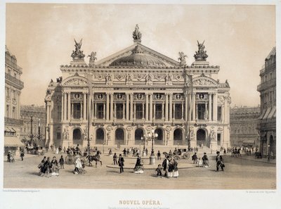 Vy över fasaden av Opera Garnier i Paris med utsikt över Boulevard des Capucines. Från 1800-talets akvarell Paris, Musee Carnavalet av French School