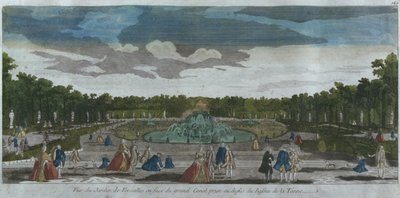 Utsikt över trädgården framför Canal Grande sett från Latonas fontän, Versailles, Frankrike av French School
