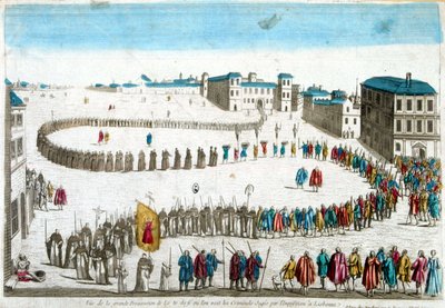 Utsikt över den stora processionen av self-dafé där vi ser brottslingarna prövade av inkvisitionen i Lissabon - gravyr av French School