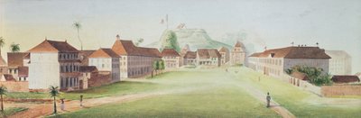 Utsikt över infanteribarackerna i Cayenne, Franska Guyana, ca. 1840 (wc på papper) av French School