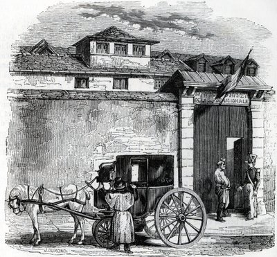 Utsikt över nationalgardets gamla arresthus känt som Hotel des Beans i Paris (nationalgardets fängelse i Paris) av French School