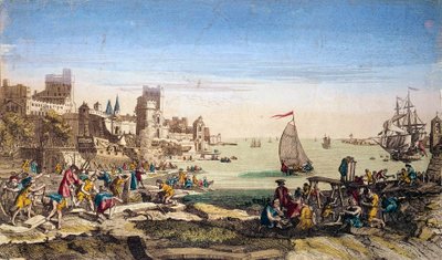 Vy över hamnen och skeppsvarven i staden Le Havre (Seine maritime). av French School