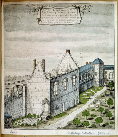 Utsikt över kung Karl VII:s rum i slottet Chinon, där han tog emot pigan i Orléans - akvarell av French School