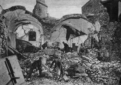 Utsikt över ruinerna av Chiese del Purgatorio, som förstördes under jordbävningen 1881 på ön Ischia (Italien). Gravyr av Quesnel i ""The Illustrous World"" nr 1254 av den 9 april 1881. av French School