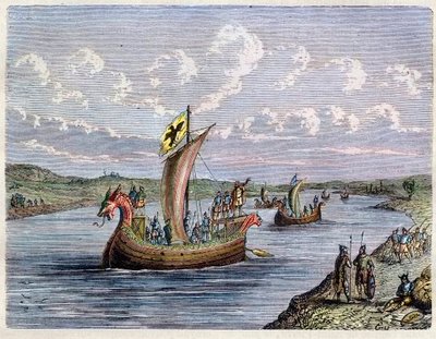 Vikingabåt - Drakkar - Norman skeppar uppför en flod - gravyr i "L