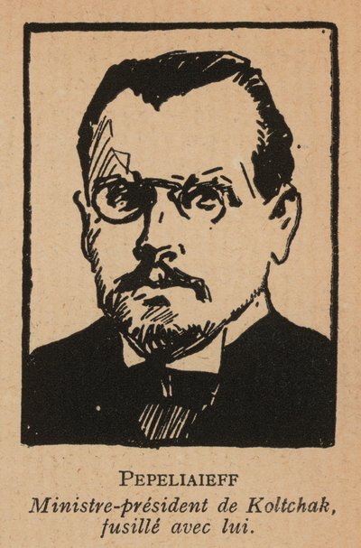 Viktor Pepelyayev, rysk politiker och premiärminister i den vitryska regeringen av amiral Kolchak i Sibirien, avrättad av bolsjevikerna (litografi) av French School