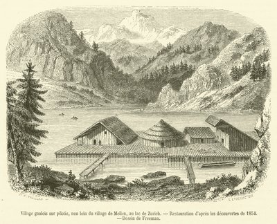 Gallisk by på pålar, inte långt från byn Meilen, vid Zürichsjön (gravyr) av French School