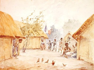 By på Madagaskar vid tiden för dess erövring av Frankrike 1895-96 (akvarell på papper) av French School
