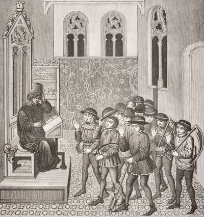 Skurkar som tar emot sina Lords Orders innan de går till jobbet, efter en miniatyr i ett 1400-talsmanuskript, från Le Moyen Age et La Renaissance av Paul Lacroix (1806-84) publicerad 1847 av French School
