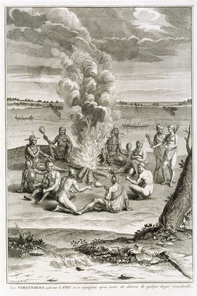 Virginians dyrkar eld och glädje efter att ha befriats från betydande fara, illustration från religiösa ceremonier och seder, graverad av Bernard Picart (1673-1733) 1721 av French School