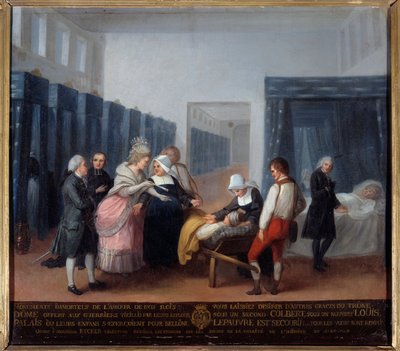 Monsieur och Madame Neckers besök på välgörenhetshospitalet Detta är ett sjukhus (nuvarande Neckersjukhuset i Paris) grundat av ministern och hans hustru, hustru till Lettres 1778. Målning av den franska skolan. 1700-talet. Paris, Musee de l