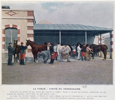Besök av arméveterinären i kasernen, 1897 (färg litho, efter ett färgat foto) av French School