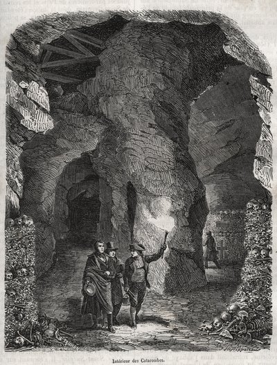Besök av katakomberna i Paris på 1800-talet - Gravering i "" Fysisk, civil och moralisk historia i Paris: från de tidigaste historiska tiderna till idag" av Jacques Antoine Dulaure av French School