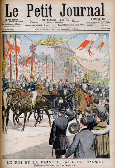 Besök av kungen och drottningen av Italien i Frankrike. Kungen och drottningen av Italien i Frankrike. Promenad på boulevarderna med Frankrikes president Emile Loubet - Illustration för Le petit Journal, 25 oktober 1903 - Victor Emmanuel III (Victor-Emma av French School