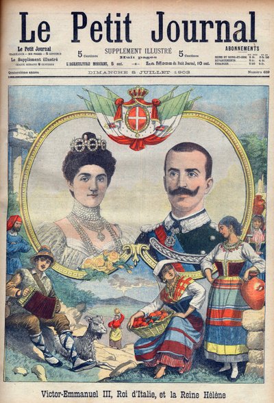 Vittorio Emanuele III di Savoia och Elena di Savoia - kung Victor Emmanuel III och drottning Elena av Italien. Victor Emmanuel III, kung av Italien, och drottning Helene. Illustration för Le petit Journal, 5 juli 1903. av French School