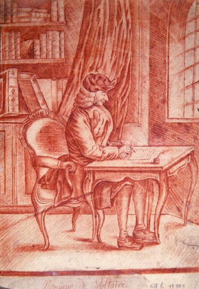 Voltaire (1694-1778) skriver i sitt arbetsrum, ca 1765-75 (röd krita på papper) av French School
