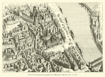 Fågelperspektiv över Hotel de Ville-distriktet från 1765 till 1778 av French School