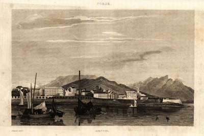 Vy över Ajaccio, Korsika, gravyr från 1836. av French School