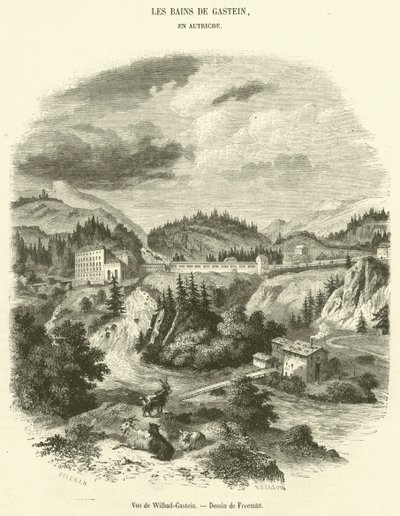 Vy över Wilbad-Gastein (gravyr) av French School