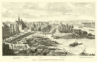 Utsikt över Arsenalen och Louviers Island, cirka 1670 av French School