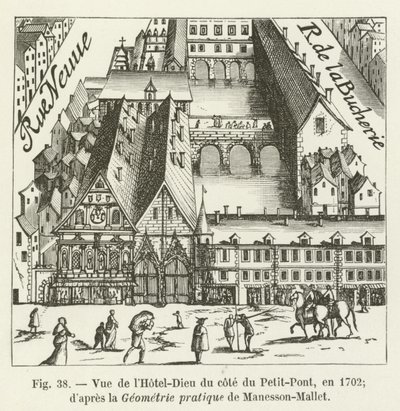 Utsikt över Hôtel-Dieu från Petit-Pont-sidan, 1702; enligt Practical Geometry of Manesson-Mallet av French School