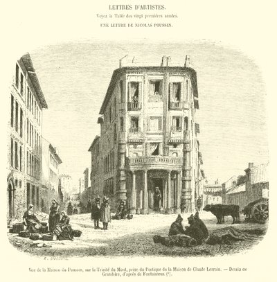 Utsikt över Maison du Poussin, på Trinite du Mont, tagen från portiken i huset av Claude Lorrain (gravyr) av French School