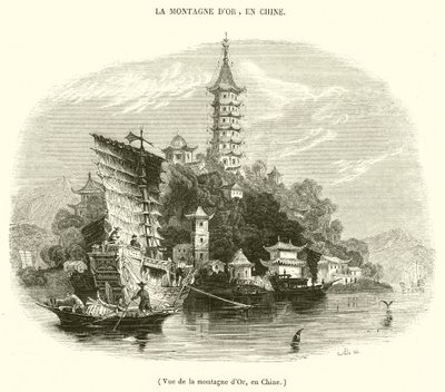 Utsikt över Golden Mountain, Kina (gravyr) av French School