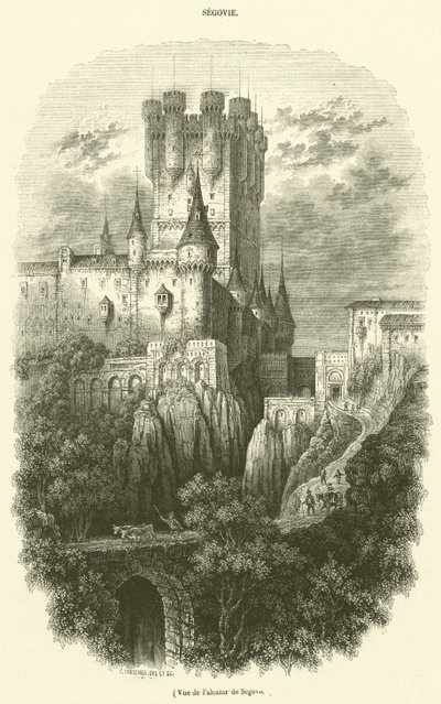 Utsikt över Alcázar i Segovia (gravyr) av French School
