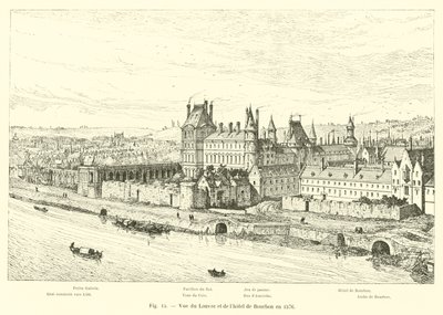 Utsikt över Louvren och Hotel de Bourbon 1576 av French School