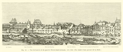 Utsikt över Louvren och Quai de lEcole-Saint-Germain, cirka 1640, Faksimil av en gravyr från La Belle av French School