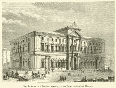 Utsikt över Royal Bourbon Museum, i Neapel, rue des Etudes (gravyr) av French School