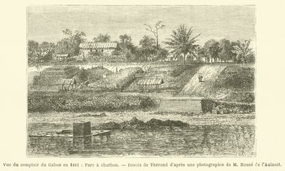 Utsikt över Comptoir du Gabon 1861, Parc a Charcoal (gravyr) av French School