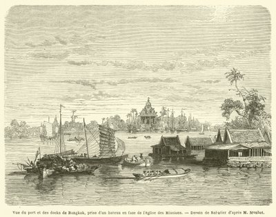 Utsikt över hamnen och hamnen i Bangkok, tagen från en båt framför Missionskyrkan (gravyr) av French School