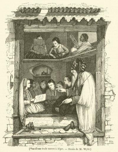 Vy över en morisk skola i Alger (gravyr) av French School