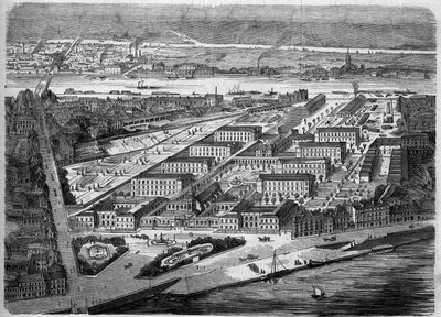 Exteriörvy av Hotel Dieu (Hotel-Dieu) i Nantes, invigt 1863. Detta sjukhus förstördes nästan helt under ett bombardemang 1943. Loire Atlantique (44). Gravyr i ""Le Monde Illustre"" nr 347 den 5 december 1863. av French School