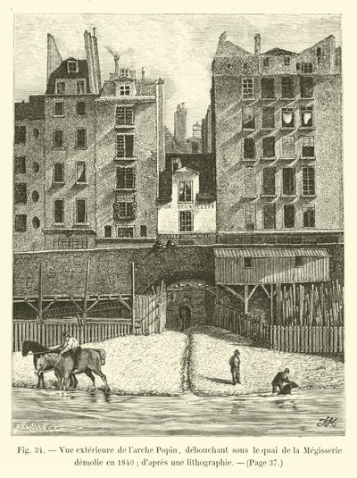 Exteriör vy av Popin-bågen, som dyker upp under Quai de la Megisserie som revs 1840; från en litografi av French School