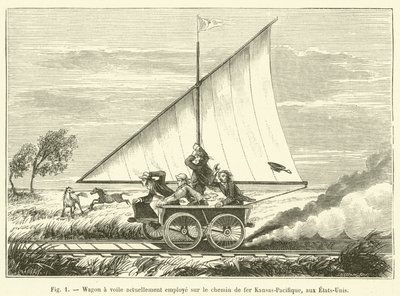 Segelvagn för närvarande anställd på Kansas-Pacific Railroad, USA (gravyr) av French School