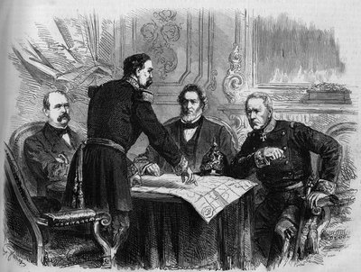Kriget 1870 - Belägring av Paris: undertecknande av vapenstilleståndet mellan de franska och preussiska representanterna efter kapitulationen av Paris, 28 januari 1871. Från vänster till höger: Otto von Bismarck (1815-1898), Horix de Valdan (1810-1883) , J av French School