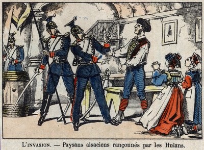 Kriget 1870 mellan Frankrike och Preussen: Elsassiska bönder urföljs av Hulans (Uhlans, Houlans) bild av Epinal. av French School