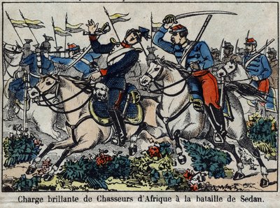 Kriget 1870 mellan Frankrike och Preussen: laddning av afrikanska jägare i slaget vid Sedan 1870. Bild av Epinal. av French School