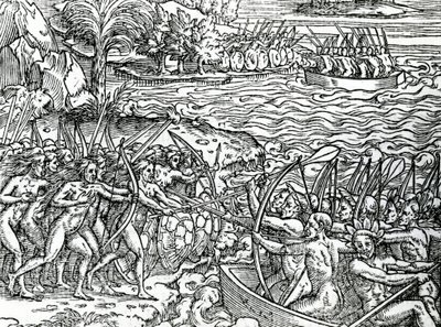 Krigsscen, Brasilien, illustration från "Singularities of France Antarctique", av Andre de Thevet, 1558 av French School